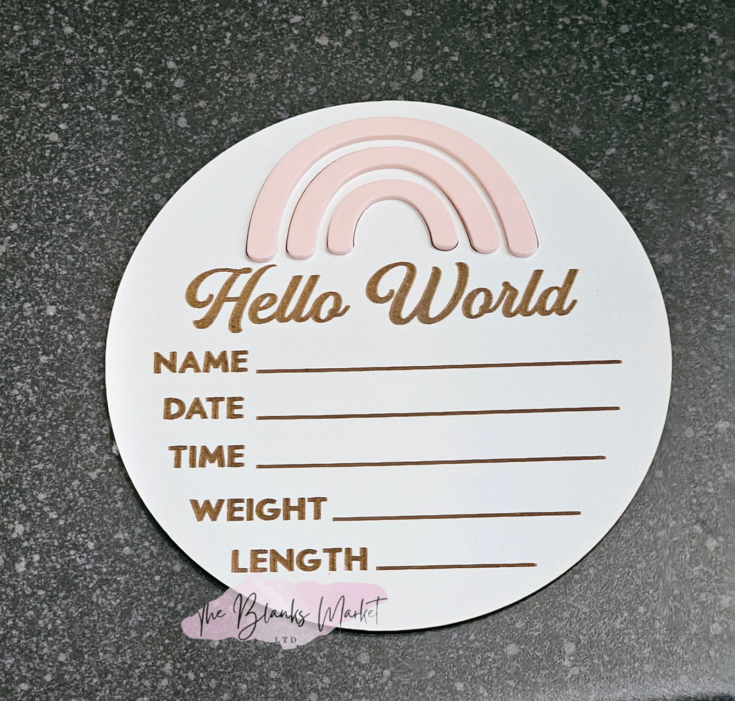 Hello World engraved birth announcement sign