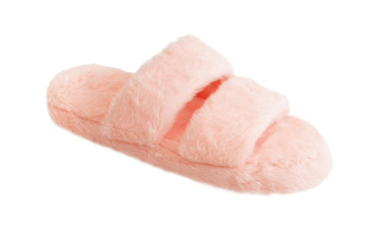 LADIES DOUBLE STRAP FLUFFY SLIDER SLIPPER PINK