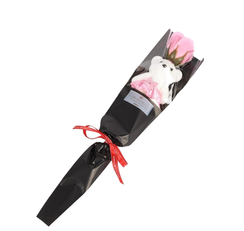 ARTIFICIAL 40CM SINGLE PINK ROSE WITH WHITE BEAR